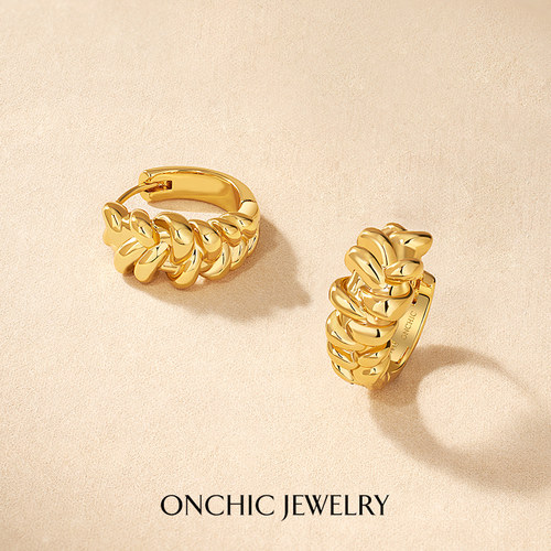 Onchic编织麻花耳环金色耳圈轻奢
