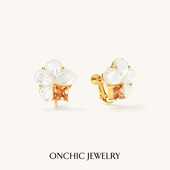 Onchic方糖花瓣耳环女天然白母贝耳饰品花朵无耳洞耳夹高级感轻奢