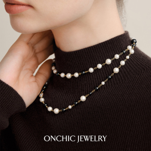 Onchic长款 珍珠项链女叠带锁骨链轻奢高级感天然黑玛瑙宝石叠戴