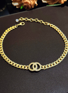 中古个性磨砂粗链条镶钻双圈项链