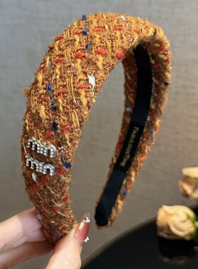 杨杨babytime 香奶奶混彩粗花呢橘黄色发箍高颅顶加宽显白min头箍