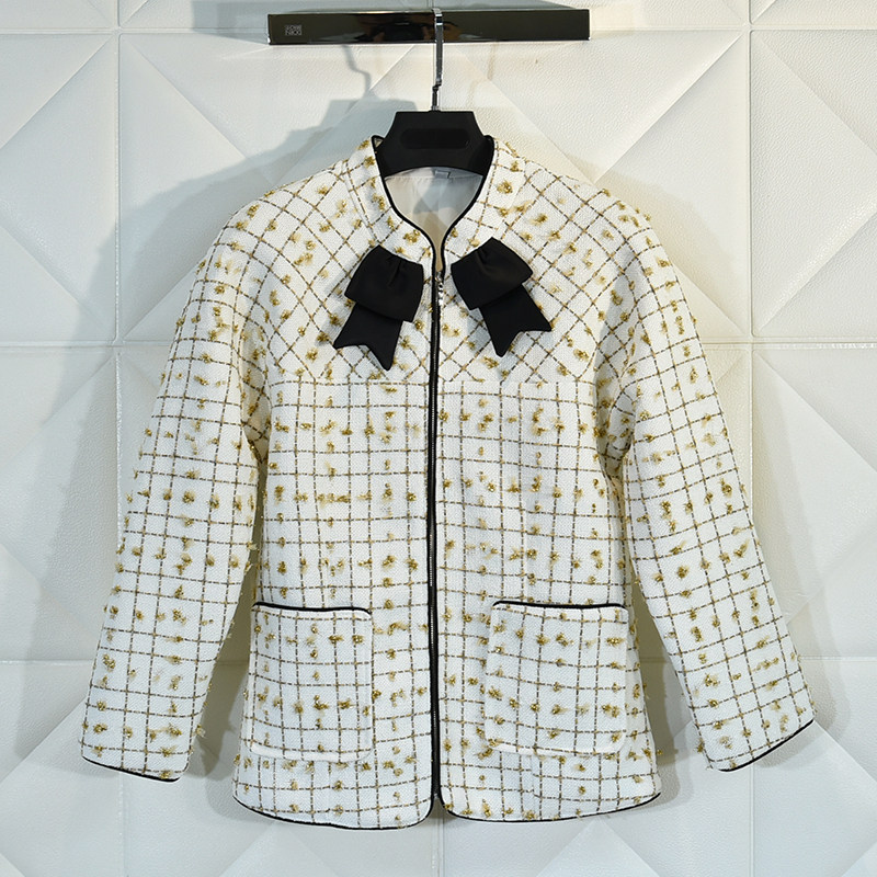 誉朵19秋冬新款复古小香粗花呢夹克立领名媛风白色格纹短款外套女