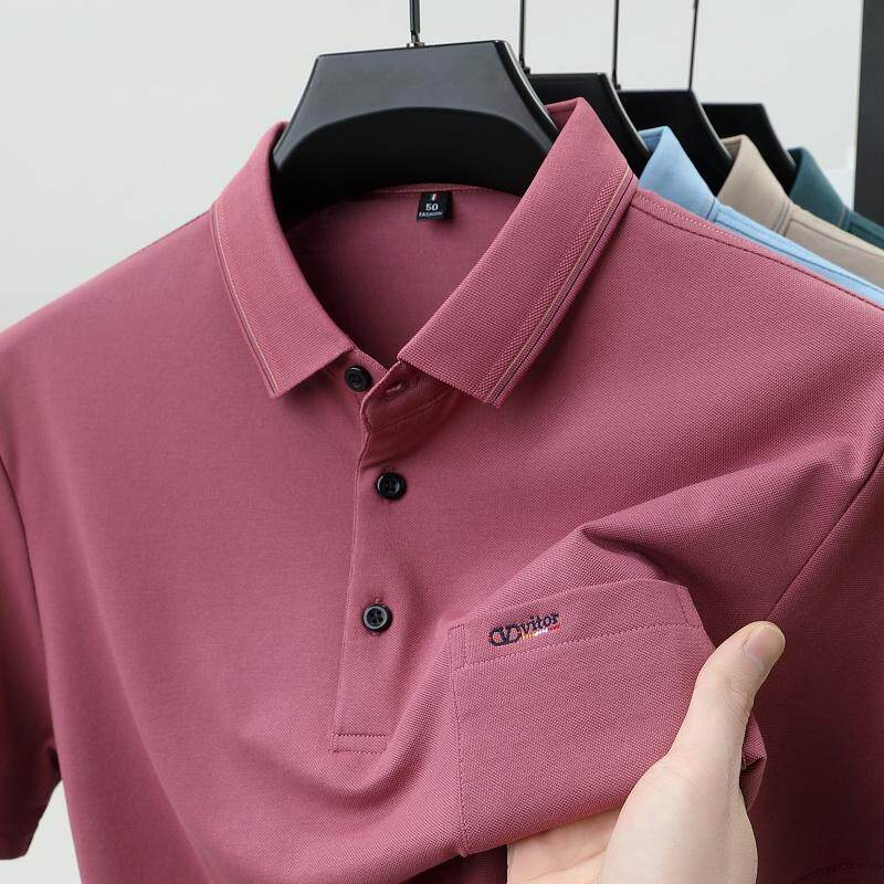 男士皮红短袖t恤夏季新款中老年爸爸装口袋本命年polo衫婚宴上衣