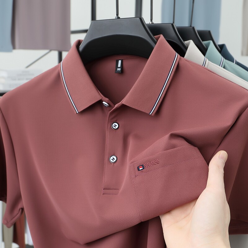 真口袋~男士红色短袖T恤爸爸夏装冰丝POLO衫上衣服中老年本命年