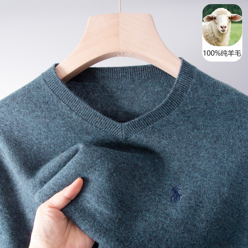 男士100纯羊毛衫毛衣鸡心v领秋冬季中年爸爸装低领打底绒衫上衣
