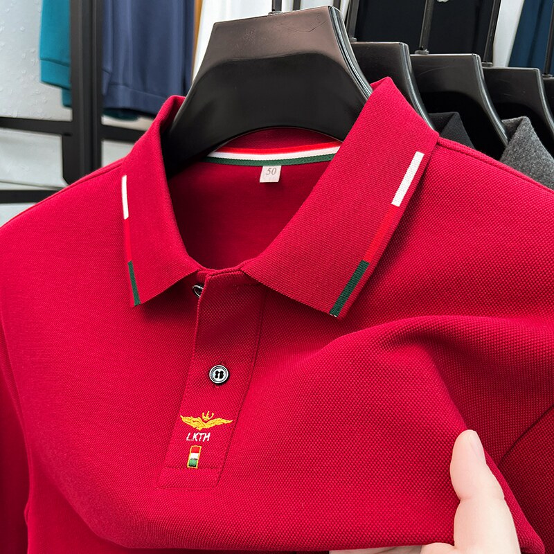 男士长袖t恤纯棉本命年红色春秋季爸爸装喜公公结婚宴POLO衫上衣