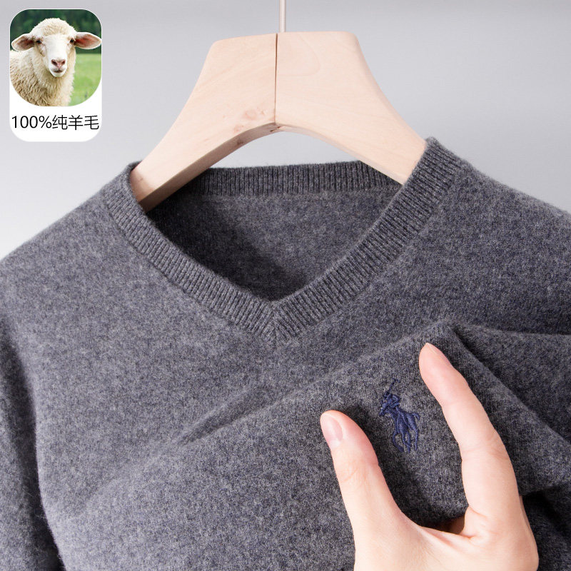 男士100纯羊毛衫嘉兴濮院打底毛衣鸡心V领秋冬季爸爸装上衣服刺绣