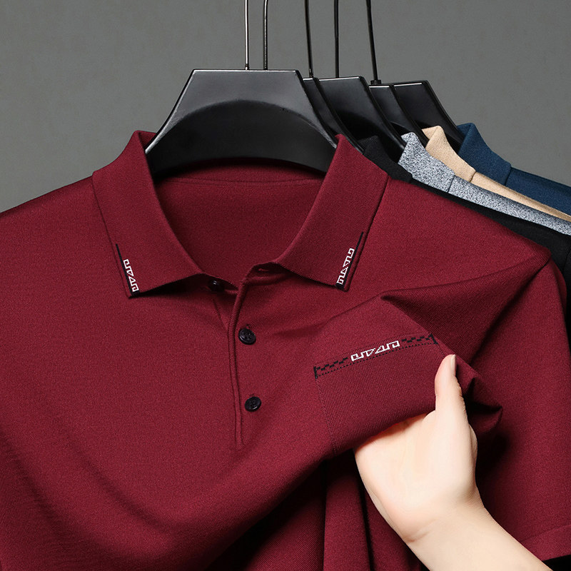 真口袋~男士夏季酒红针织冰丝短袖T恤爸爸装本命年polo衫婚宴上衣