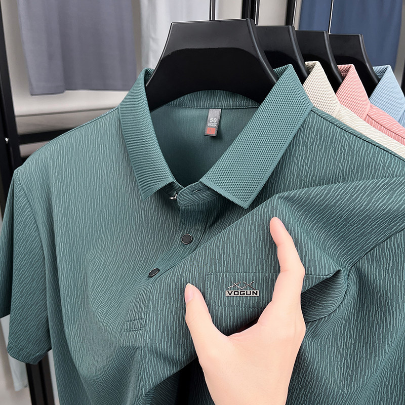 真口袋~男士夏季新款冰丝短袖t恤中年爸爸装凉感翻领POLO衫上衣服