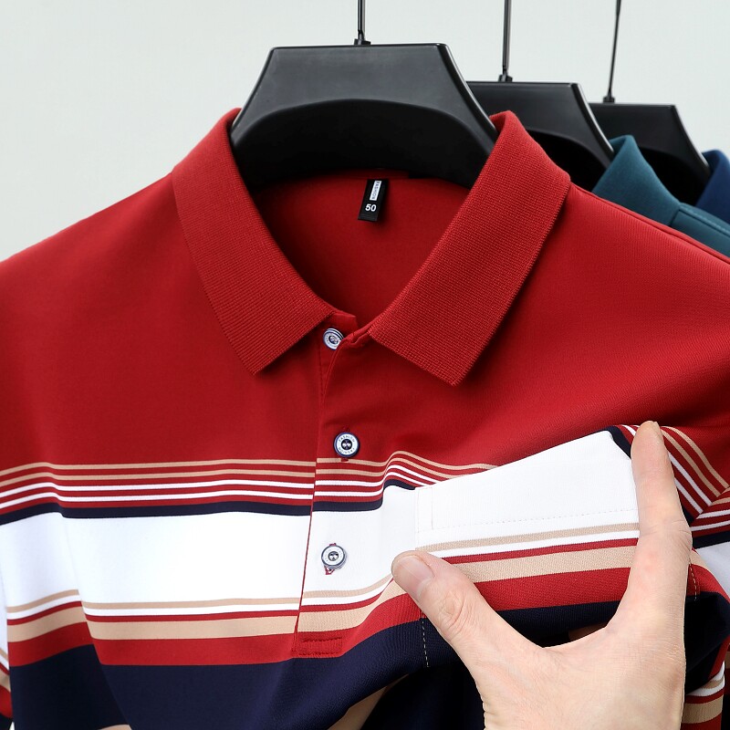 真口袋~男士短袖t恤polo衫爸爸装冰丝条纹婚宴装本命年红色上衣服