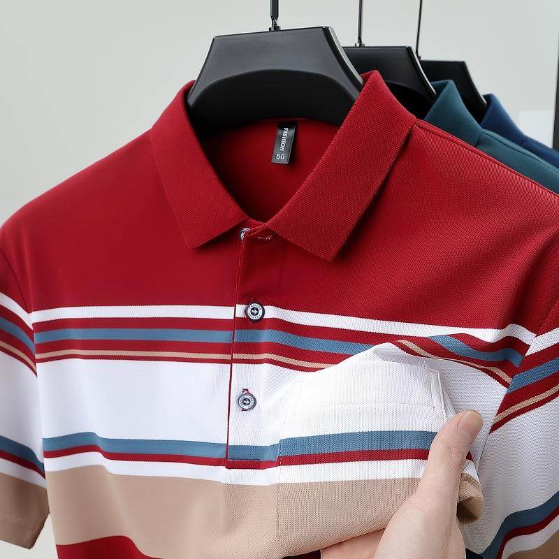 中年男士POLO衫红色短袖t恤翻领真口袋爸爸夏装本命年冰丝上衣服