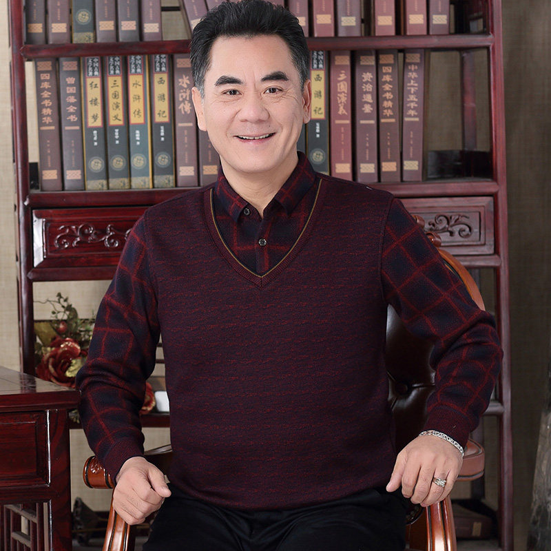 男士假两件长袖T恤爸爸春秋红色本命年加绒加厚上衣服打底针织衫,男装,针织衫/毛衣,淘宝优惠券,粉丝福利购,淘宝优惠卷