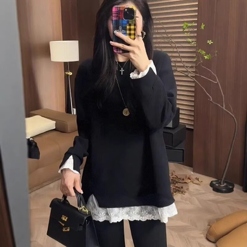 大码假两件撞色蕾丝拼接T恤秋冬