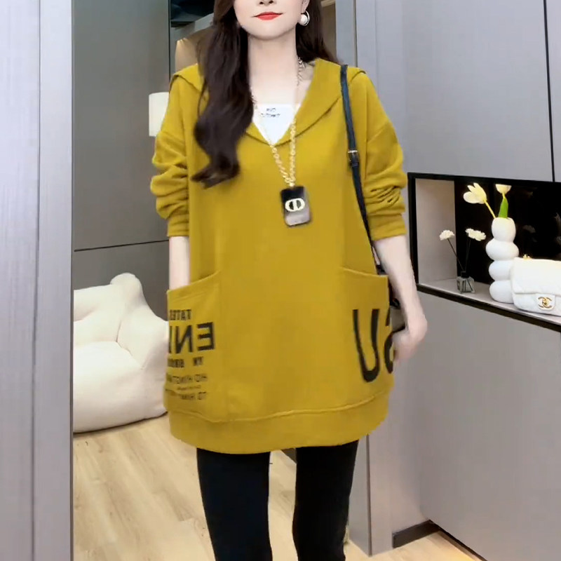 大码300斤假两件卫衣女春秋款胖mm气质减龄中长款双口袋印花上衣