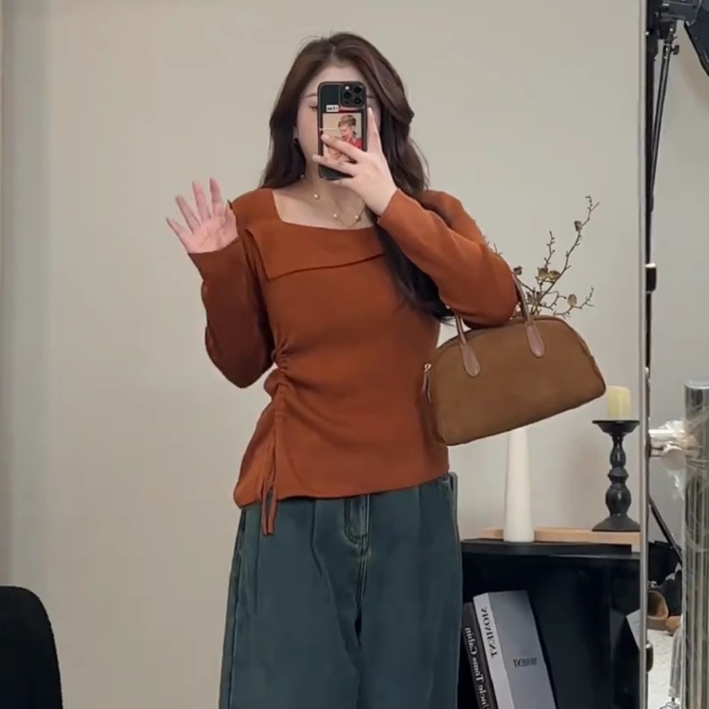 大码不规则一字肩长袖T恤女秋装