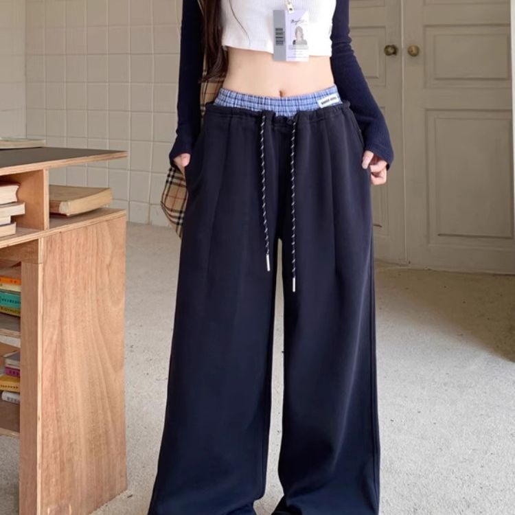 大码胖mm格纹拼接休闲裤女春秋