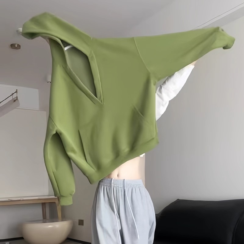 大码绿色V领连帽卫衣外套女秋冬