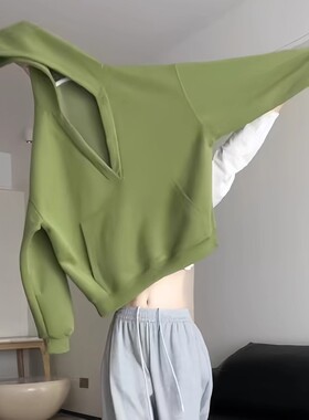大码绿色V领连帽卫衣外套女秋冬季胖mm2-300斤开春穿搭慵懒风上衣