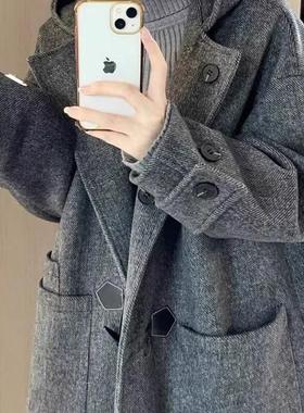 大码300斤秋冬季牛角扣呢子灰色大衣高级感赫本风胖mm毛呢外套女