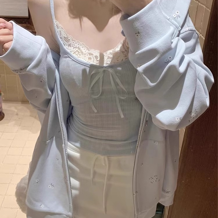 蝴蝶结蕾丝边带胸垫吊带背心女