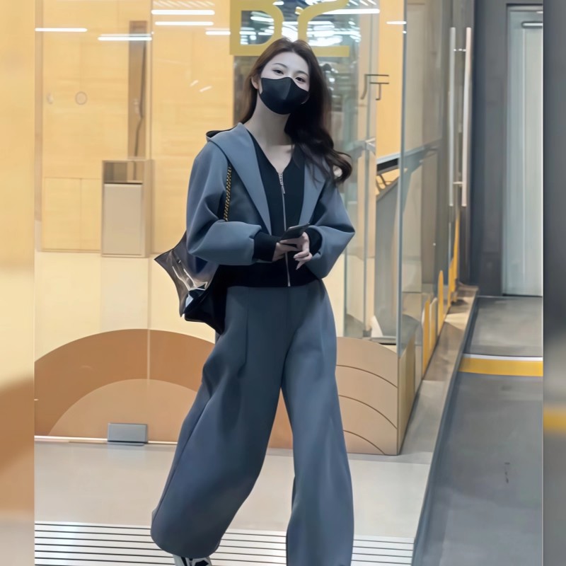 大码休闲撞色拼接套装女春秋胖mm