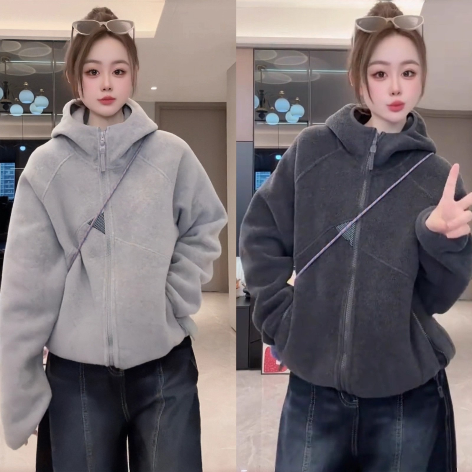 加绒加厚灰色连帽卫衣外套女秋冬