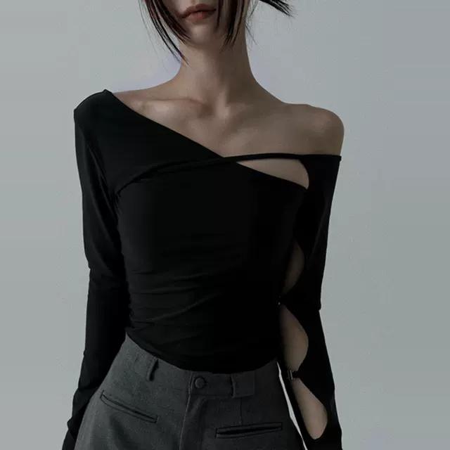 大码欧美不规则露肩斜领长袖T恤