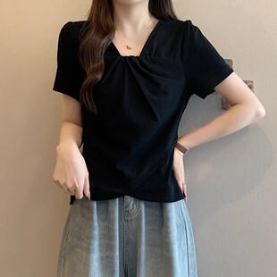 显瘦上衣打底衫 大码 胖mm修身 T恤女夏季 300斤正肩V领设计交叉短袖