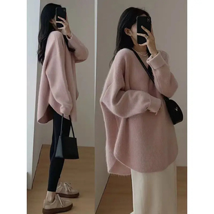 大码胖mm300斤秋冬季中长款毛衣女宽松显瘦慵懒风针织打底衫上衣