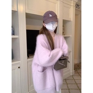 大码紫色水貂毛开衫毛衣外套女秋冬季胖mm温柔韩系慵懒中长款针织