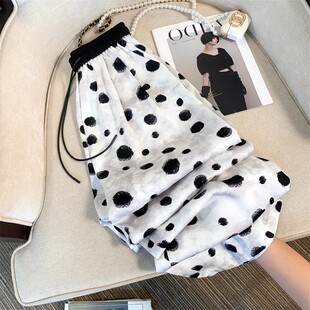 大码 300斤夏季 冰丝凉凉防晒雪纺水墨波点印花阔腿长裤 子女 胖mm2