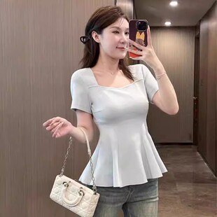 300斤正肩方领打底衫 T恤女夏季 上衣 胖mm收腰下摆遮肉鱼尾短袖 大码