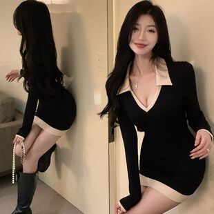 大码300斤纯欲性感v领短款裙子女秋季胖mm修身显瘦包臀长袖连衣裙