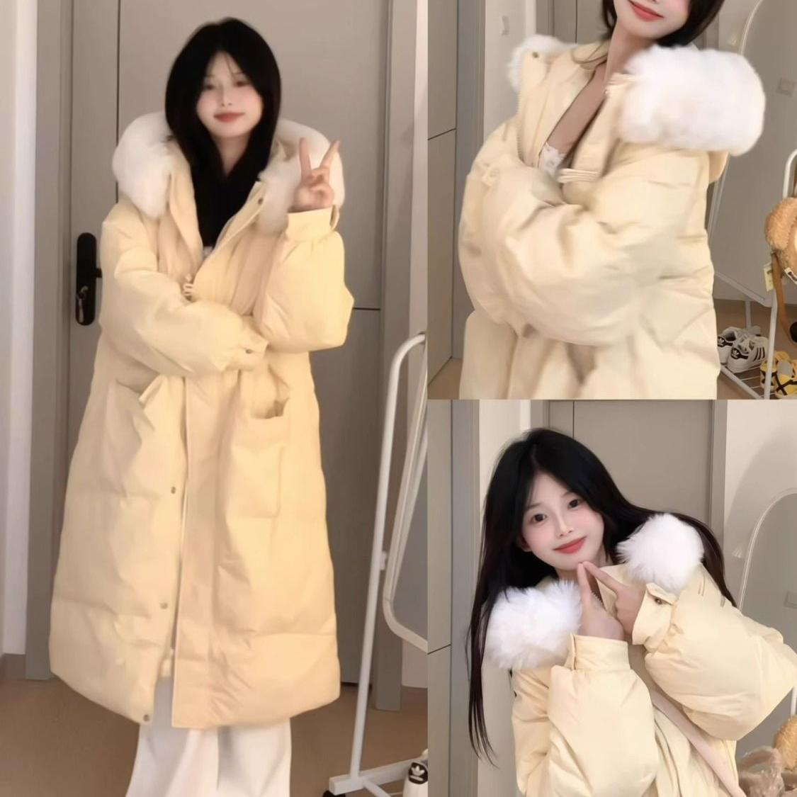 中长款毛领连帽羽绒服外套女冬季