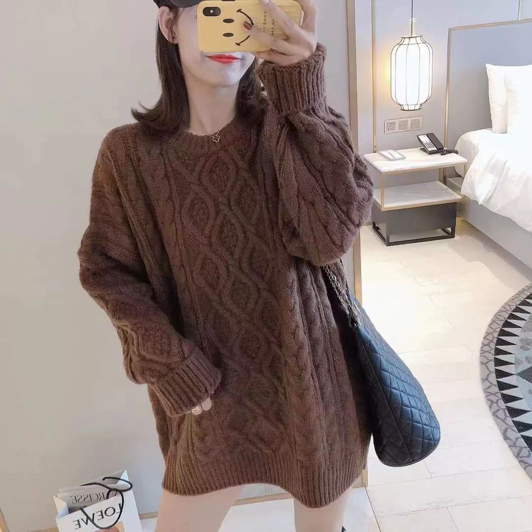 大码韩版中长款麻花毛衣女秋冬季胖mm300斤宽松百搭上衣甜美线衣