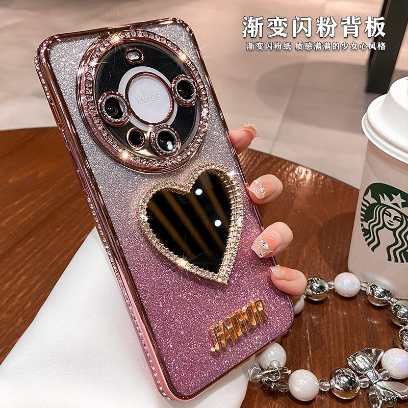 奢华水钻爱心镜子适用华为mate60pro手机壳新款pura80高级感女mate80promax带挂绳70Pro+全包防摔pura70硅胶