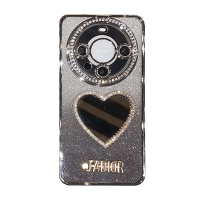 奢华水钻爱心镜子适用华为mate60pro手机壳新款pura80高级感女mate80promax带挂绳70Pro+全包防摔pura70硅胶