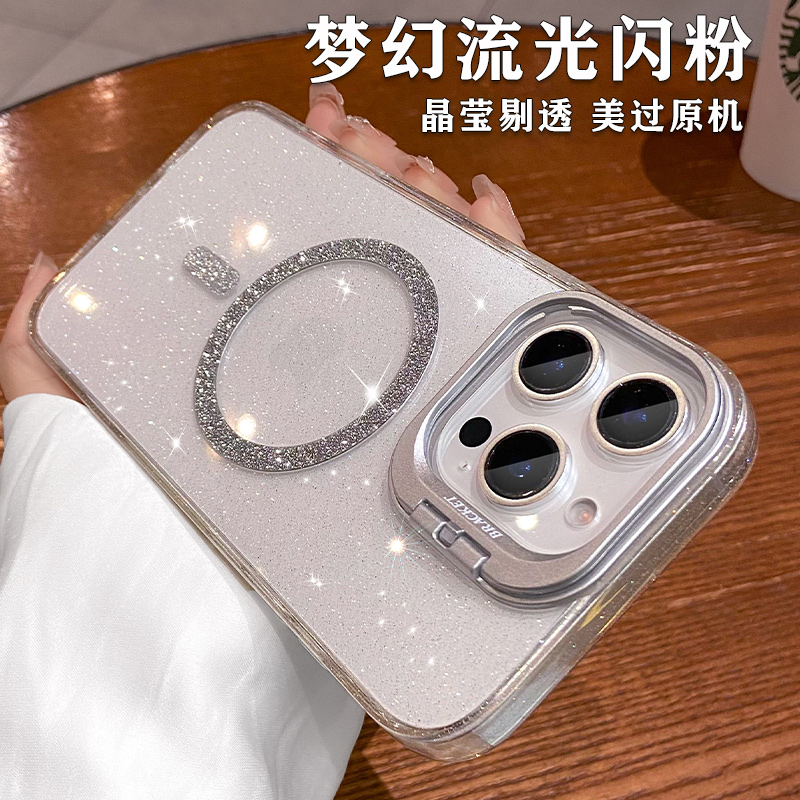 镜头支架适用苹果16手机壳2025新款iPhone15promax全包防摔14pro轻奢透明闪粉13磁吸女款高级感plus硅胶外壳