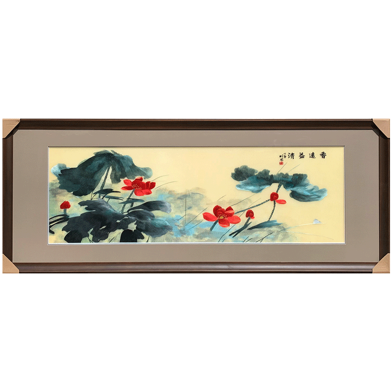 苏秀天地手工苏绣刺绣精工4丝水墨荷花客厅卧室书房装饰挂画刺绣