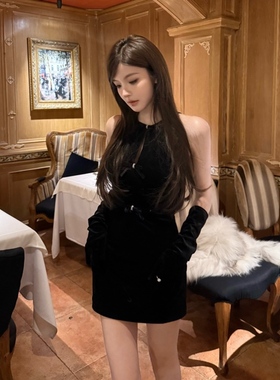 FAY【流动盛宴】性感丝绒蝴蝶结挖空设计秋冬无袖连衣裙