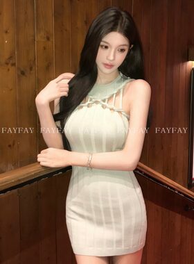 FAY【青柠冰饮】扭结穿绳线条感薄荷绿修身包臀连衣裙