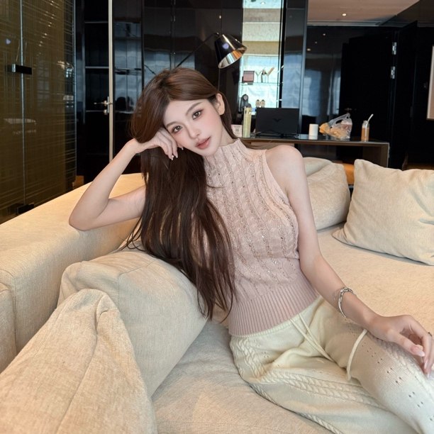 FAY【悄然心动】洋气气质半高领烫钻绞花针织纹理无袖背心上衣,女装/女士精品,背心吊带,淘宝优惠券,粉丝福利购,淘宝优惠卷