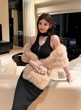 FAY【拾光交叠】V领绑带修身中长款高弹力针织连衣裙