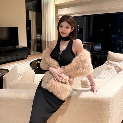 FAY【拾光交叠】V领绑带修身中长款高弹力针织连衣裙