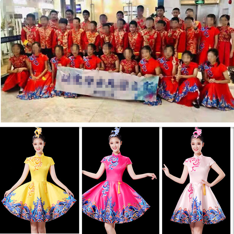 现代舞蹈服装女成人打鼓服演出服中国风开场舞歌伴舞表演连衣短裙图片