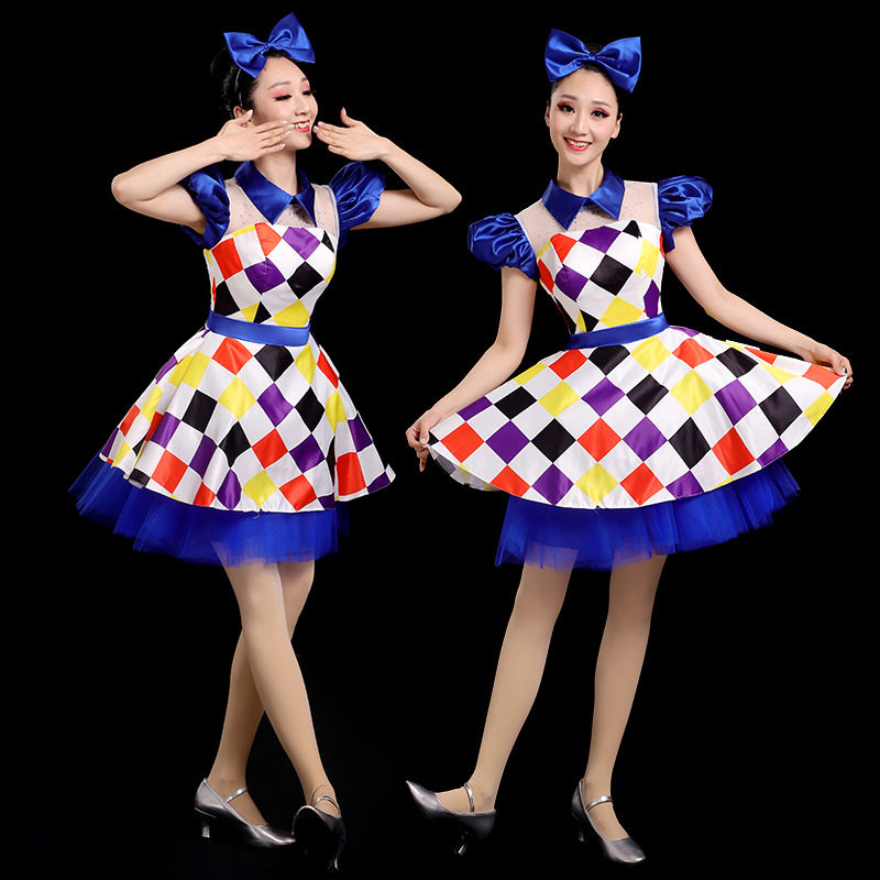 蓝色现代舞演出服女开场舞服装蓬蓬短裙成人开业典礼广场舞表演服
