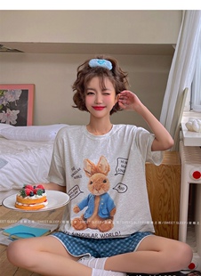 女睡衣家居服套装 甜睡之旅睡衣 丝光棉纯棉短裤 新款 9014 夏季