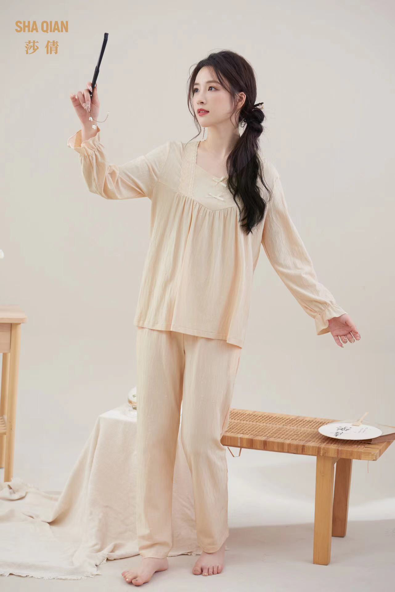 莎倩睡衣2024秋冬新款 女棉氨提花纯棉睡衣薄款家居服