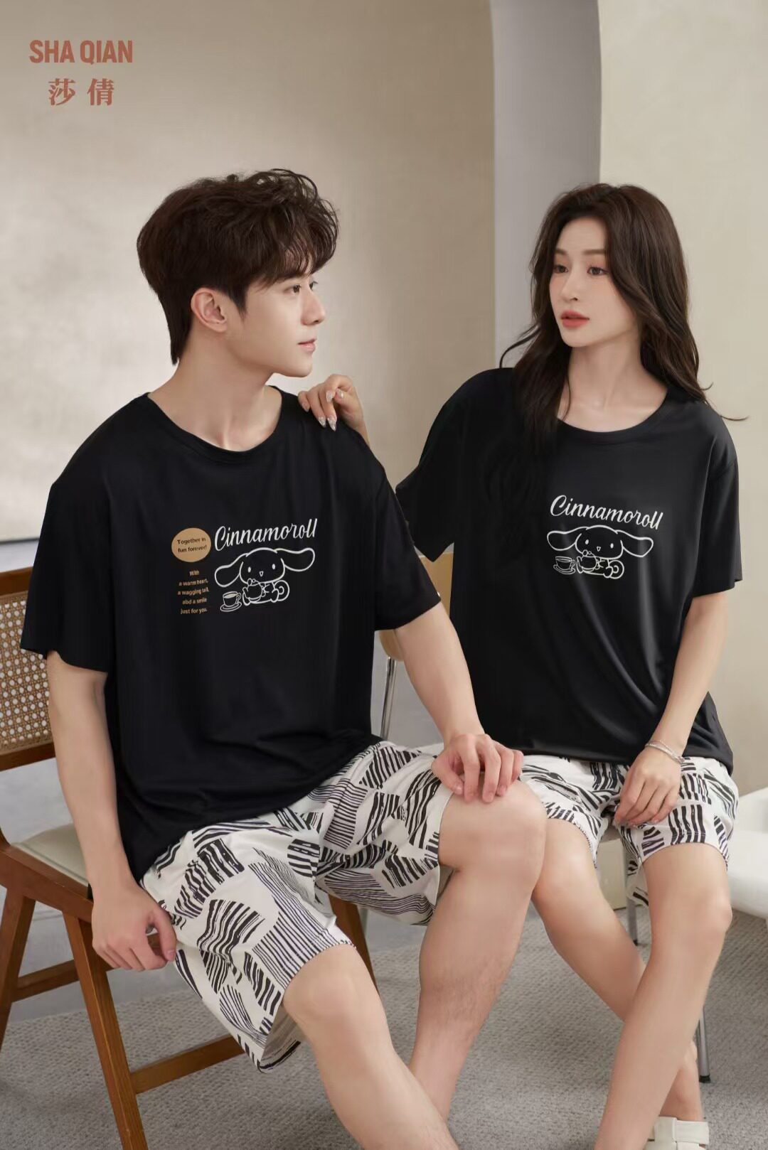 莎倩正品夏季新款情侣纯棉莫棉睡衣短裤家居服男女