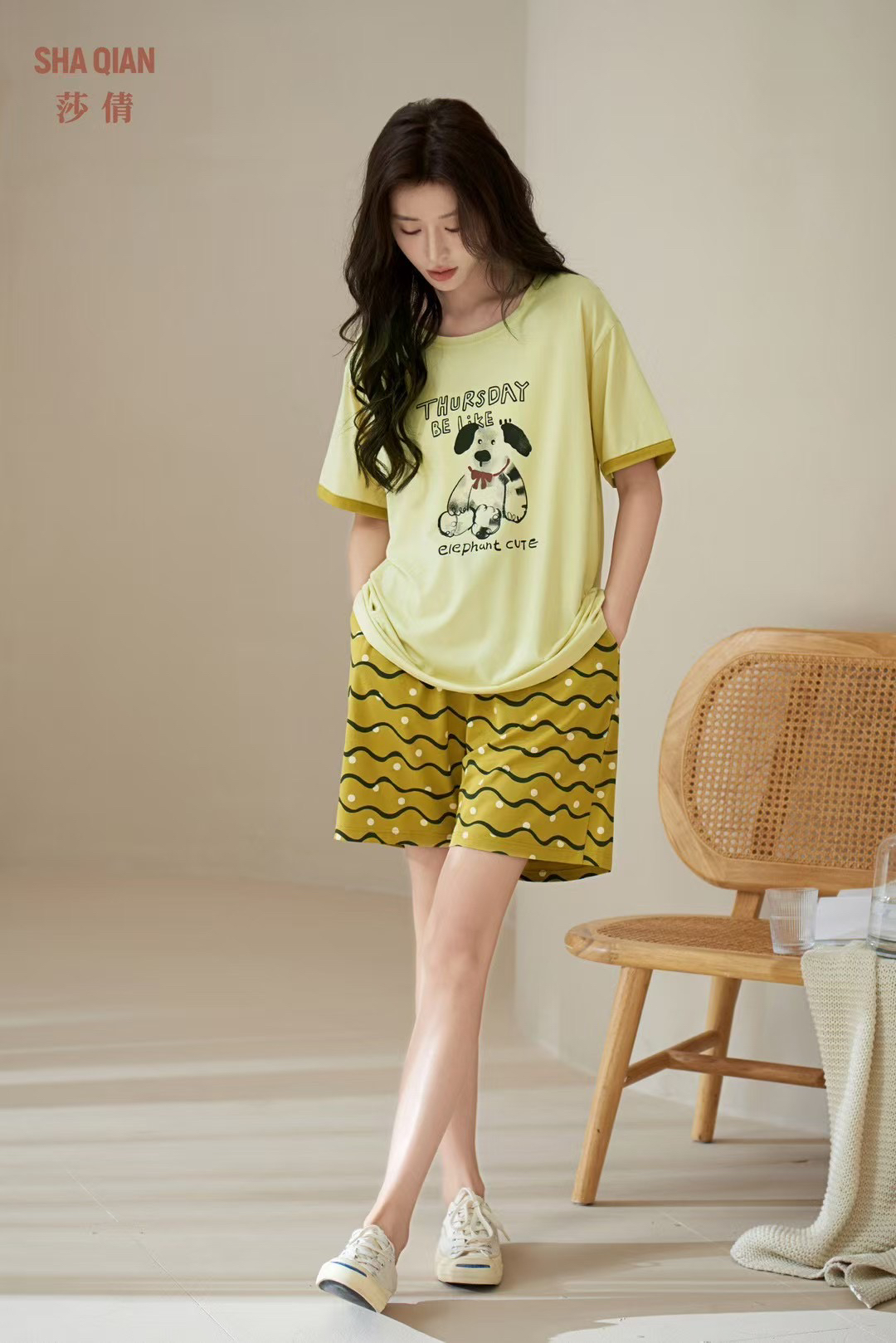 莎倩短裤甜美少女士夏季套装薄款纯棉女生休闲大码家居服睡衣